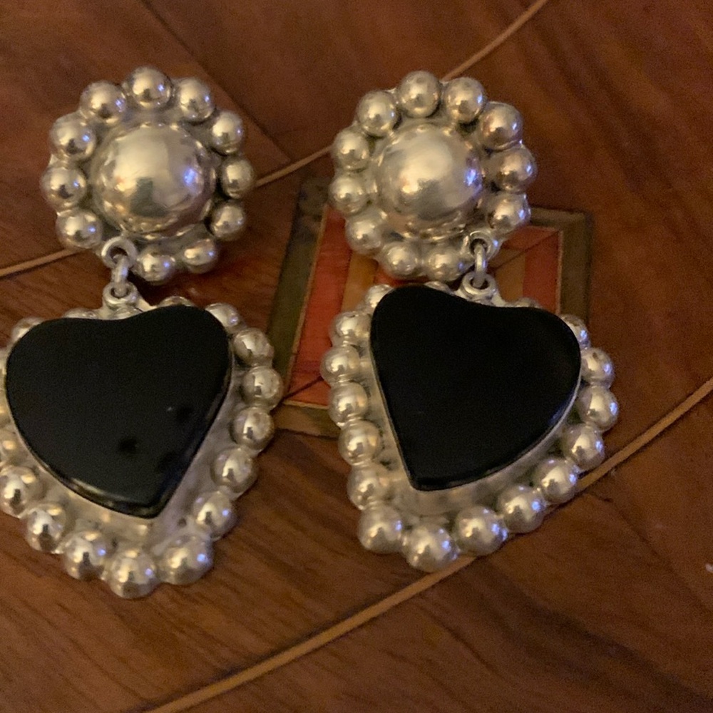 Taxco onyx SS earrings,clips.